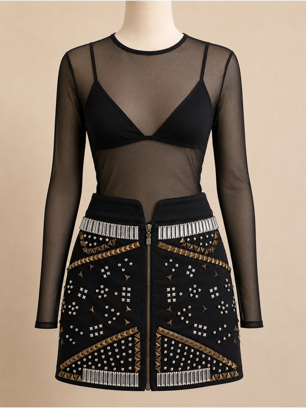Blush Black Stud Embellished Mini Skirt Metallic Rhinestone Studs Y2K Glam Sz S